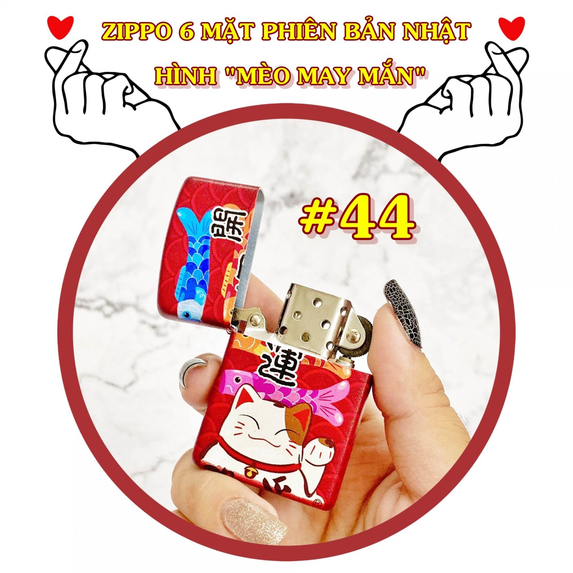 Bật lửa zippo sơn tĩnh điện 6 mặt - phiên bản nhật hình mèo may mắn