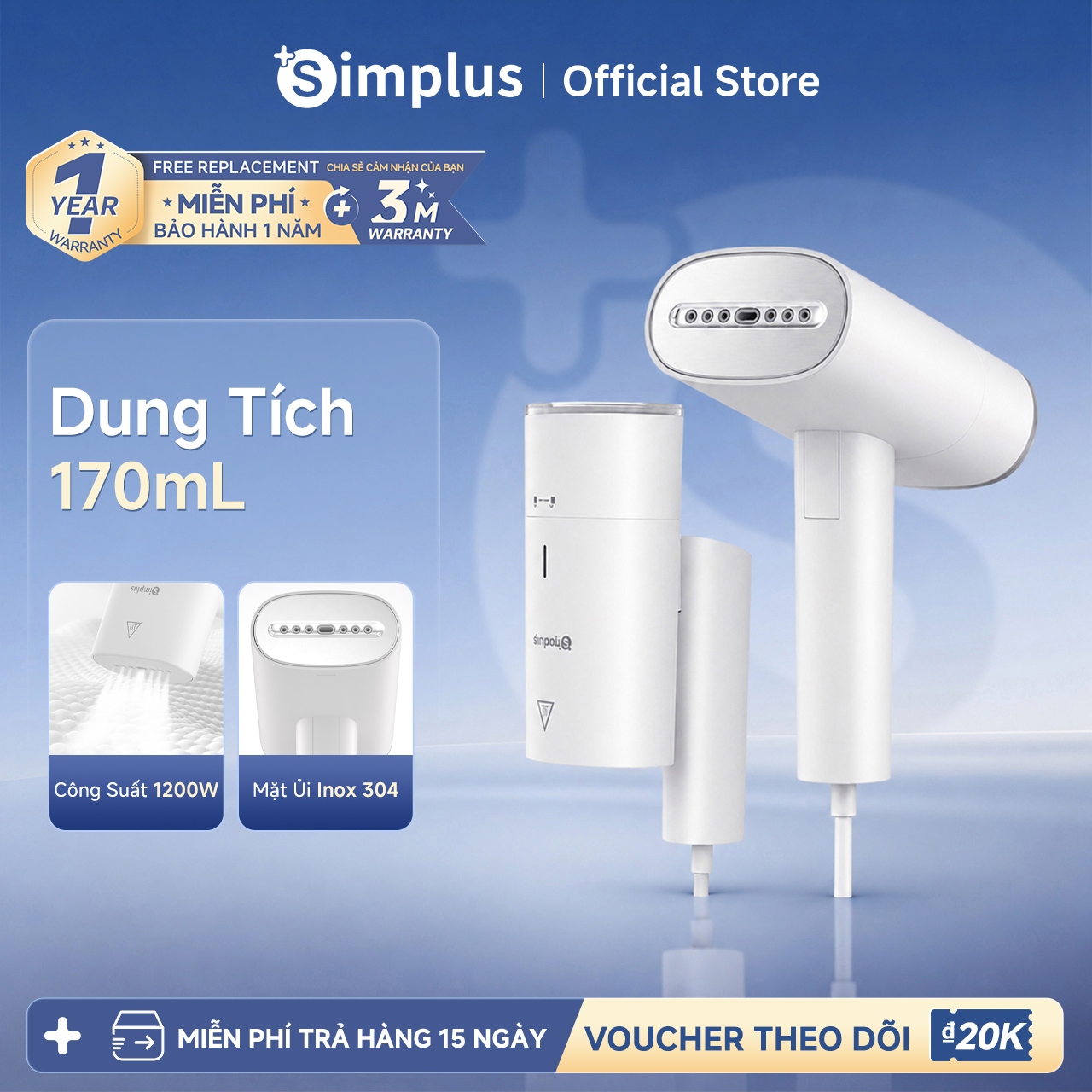 [New Arrival] Simplus Handheld Clothes Steamer, High Power 1200W, Steam Iron, Clothes Steamer - 1 Year Warranty, 1 for 1 Exchange