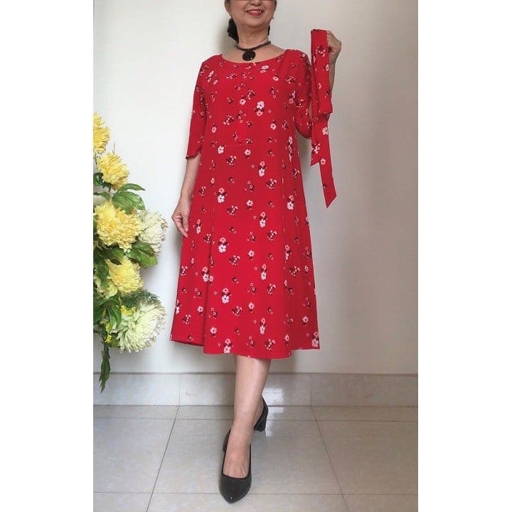 [HCM]Đầm Xòe Trung Niên Vải Lụa Nhật mềm co giãn nhẹ