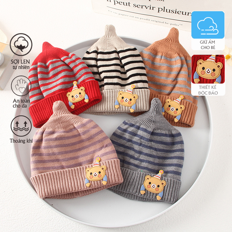 Mũ Nón len dệt kim sọc ngang dễ thương, 2 lớp mềm êm, giữ ấm cho bé trai, bé gái từ 0-6 tháng tuổi phong cách Hàn Quốc