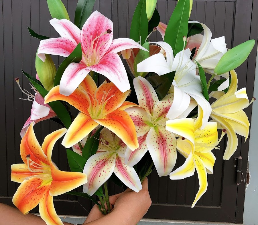 Hoa giả - Một Cành hoa ly silicon size đại cao cấp 92cm, cành 2 bông 1 nụ khổng lồ