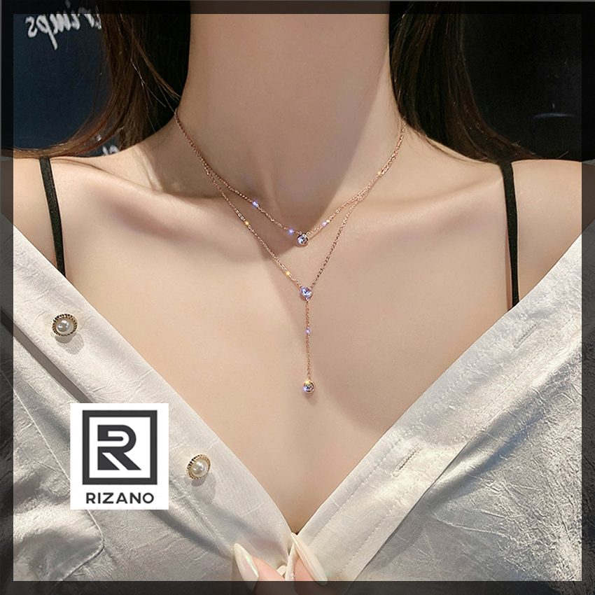 [HCM]RIZANO - Dây Chuyền Vàng Chất Liệu Titan Mạ Vàng 18K Mặt Đính Đá 2 Tầng Dây Chuyền Nữ Quà Tặng Bạn Gái