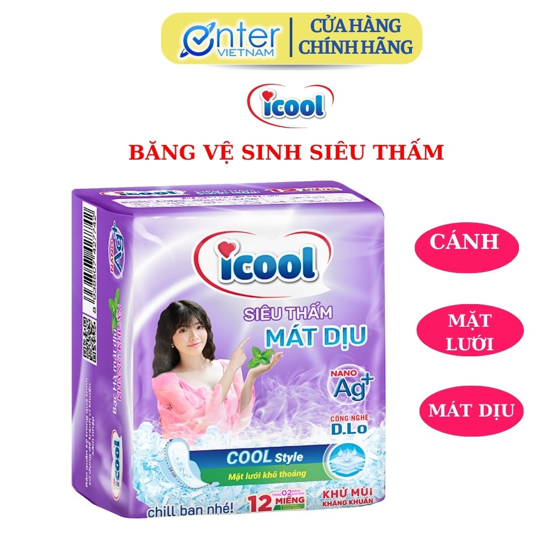 Hàng Chính Hãng Băng vệ sinh ICOOL Siêu Thấm tím mới BVS ban ngày 24cm,có cánh,MẶT LƯỚI MỀM,kháng khuẩn,mát dịu