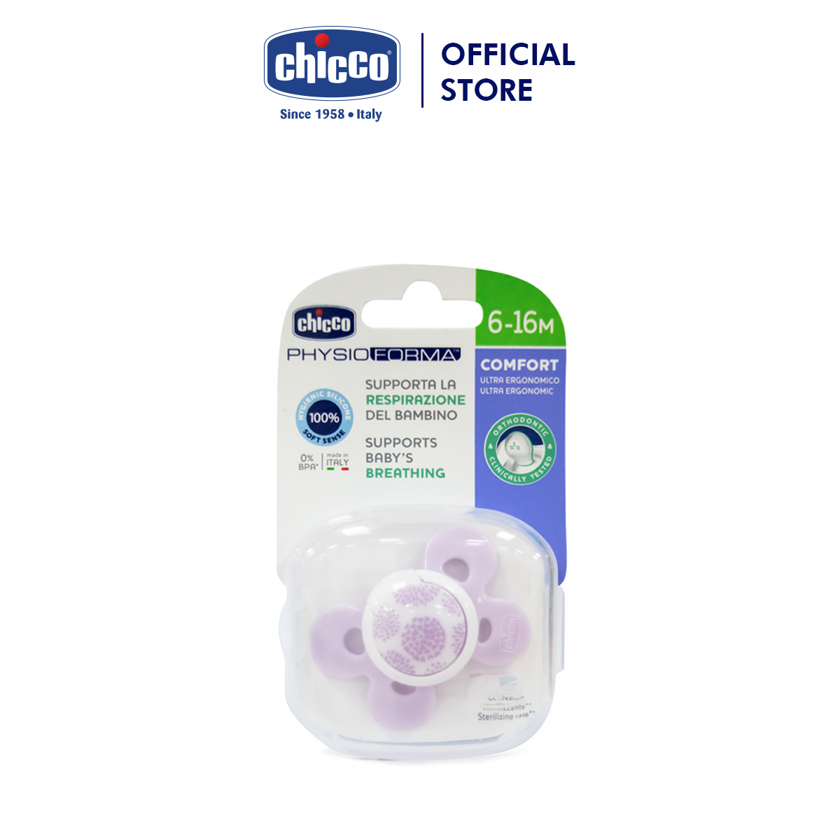 Ty ngậm silicon Chicco physio comfort màu hồng có hộp 6M+