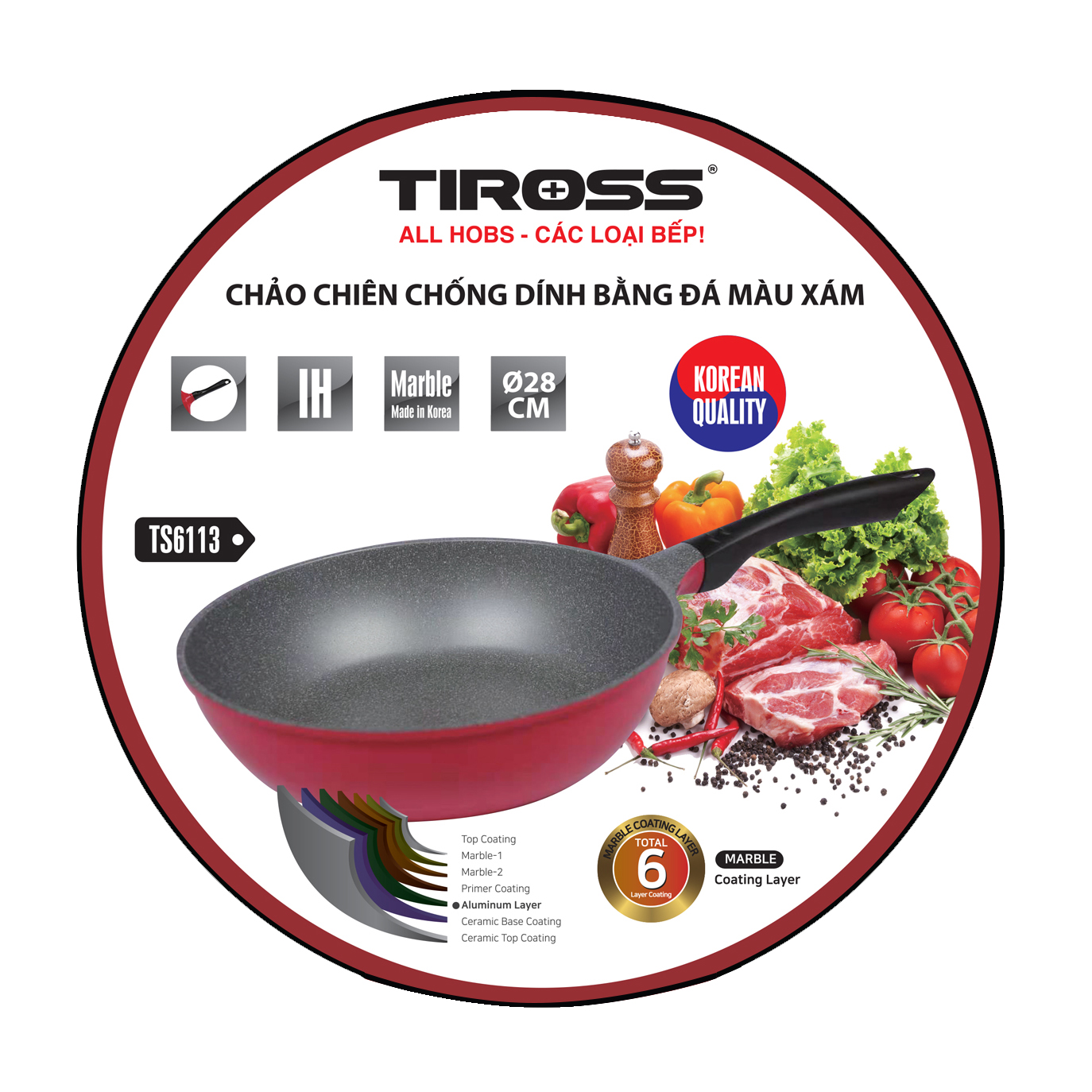 Chảo chống dính Tiross dùng bếp từ bếp ga, chảo chiên sâu lòng TS6113 phi 28 cm, Chảo chiên chống dính bằng đá