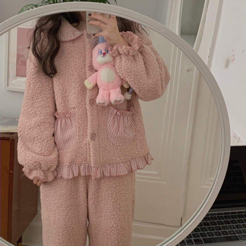 Bộ đồ ngủ nữ lông túi cổ bèo siêu đáng yêu