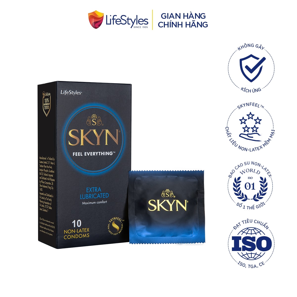 Hộp 10 Cái Bao cao su LifeStyles SKYN Extra Lubricated Non-latex, bao cao su nam skyn nhiều gel bôi trơn cao cấp hỗ trợ quan hệ trơn tuột dễ dàng