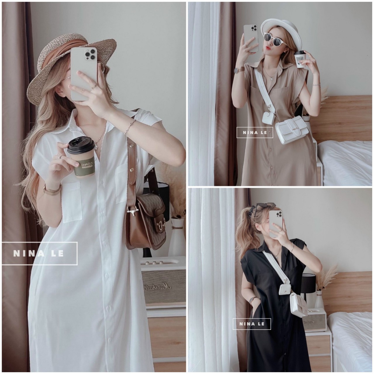 Váy sơ mi cộc tay cổ đức dáng suông dài, đầm sơ mi bầu bí trơn tay ngắn