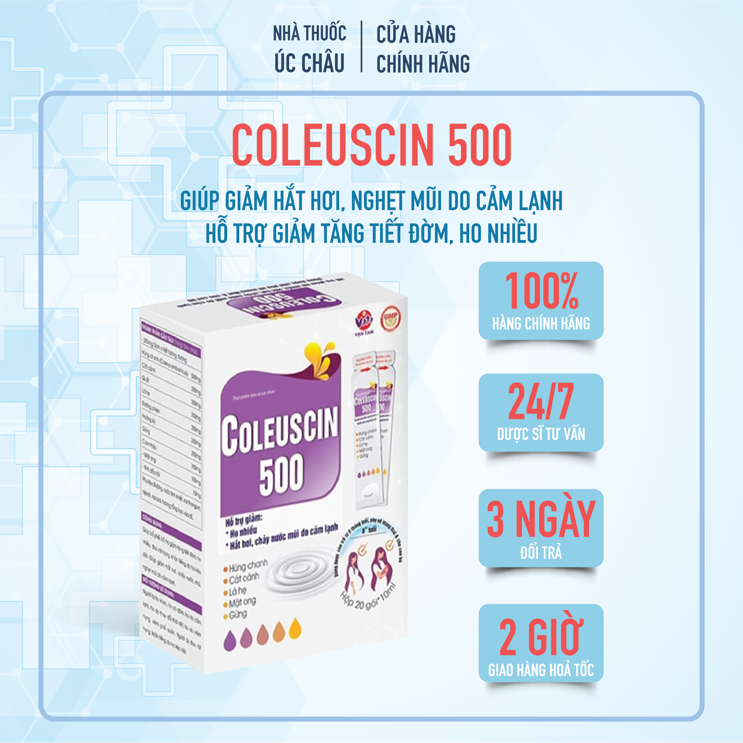 COLEUSCIN 500 Vạn Tam - Siro ho cảm cho bà bầu, trẻ sơ sinh dạng gói - Hộp 20 gói - giải cảm, giảm ho, giảm đờm -úc châu pharmacy tân bình