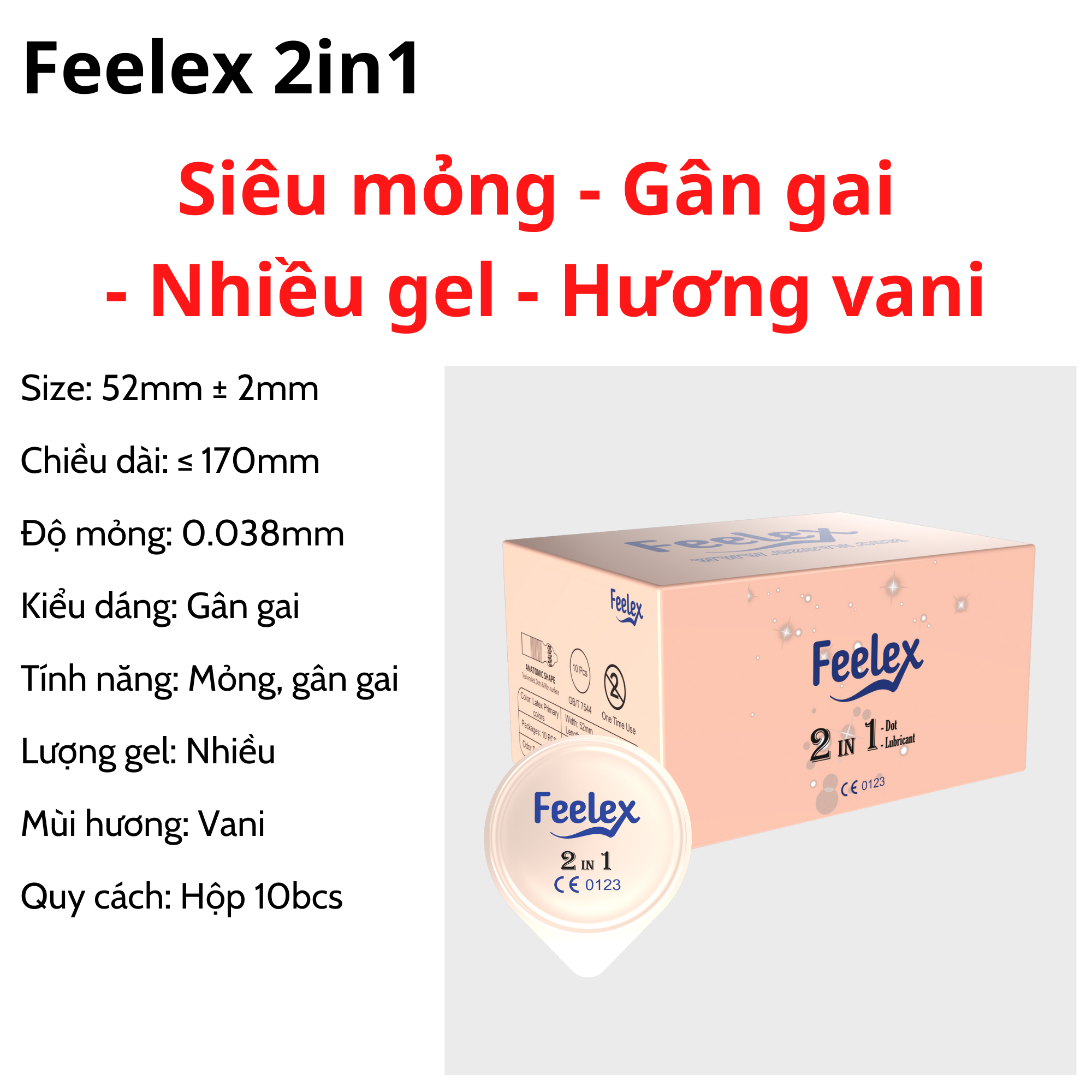 Bao cao su siêu mỏng Feelex gân gai, kéo dài thời gian, nhiều gel bôi trơn, có hương thơm