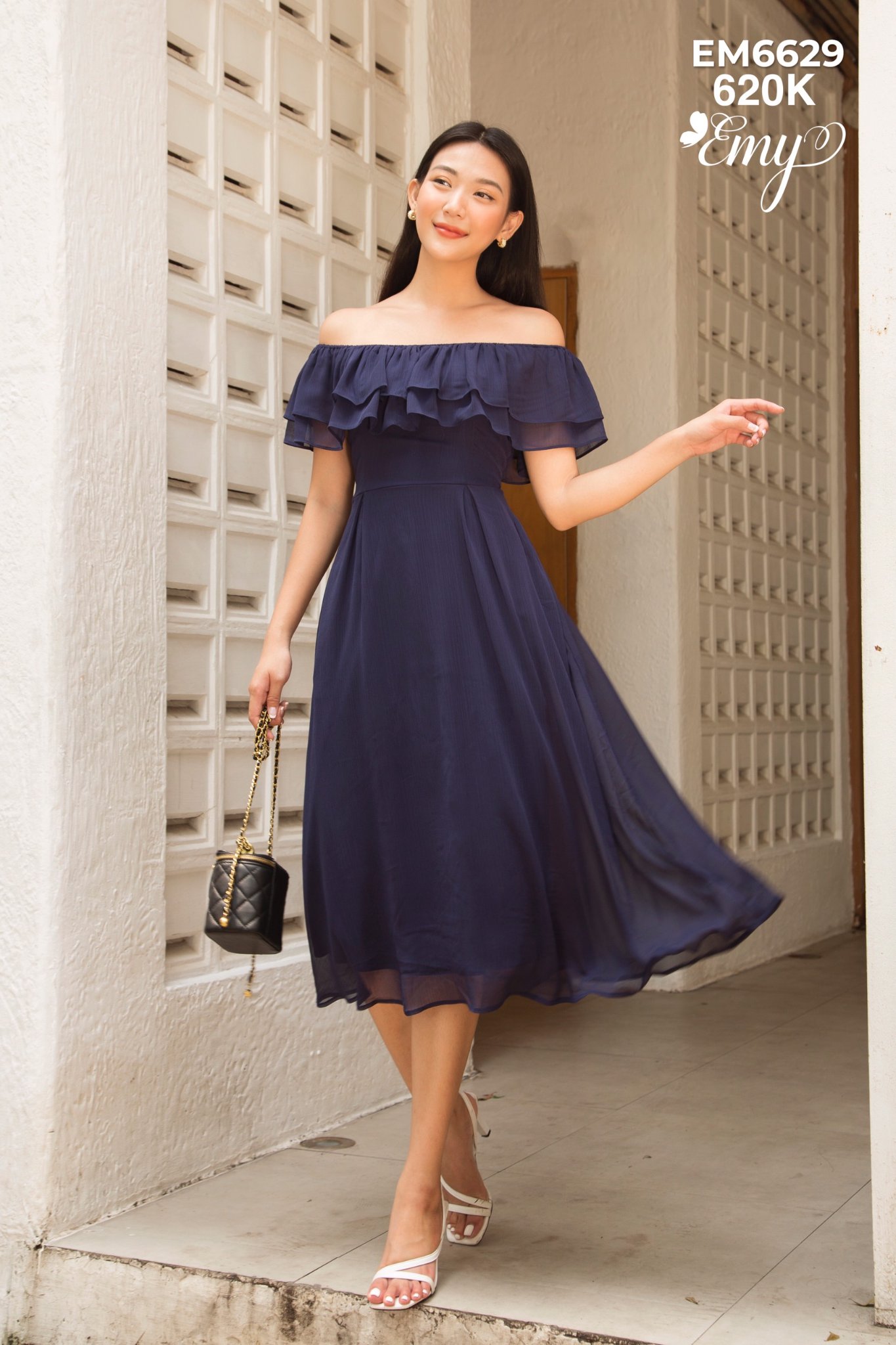 Đầm emy em6629 xòe xanh đen cổ bèo có túi