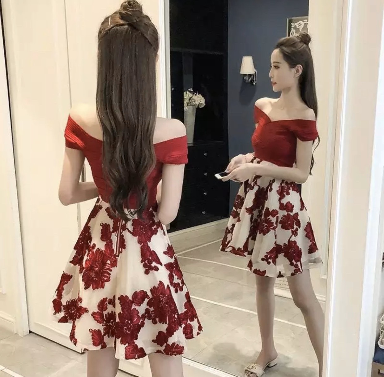 [HCM]ĐẦM XÒE TRỄ VAI THIẾT KẾ HỞ LƯNG - V49