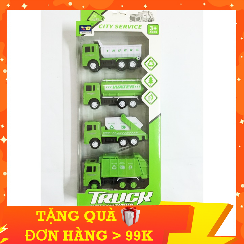 Đồ Chơi Xe Đổ Rác 818-4 KINGPOWER - Gồm 4 Xe Màu Xanh Lá Nổi Bật, Kiểu Dáng Khác Nhau, Chạy Đà Cót, Chất Nhựa Bền Cứng - Xe Chở Rác Đồ Chơi, Xe Ô Tô Chở Rác, Mô Hình Xe Rác Đồ Chơi