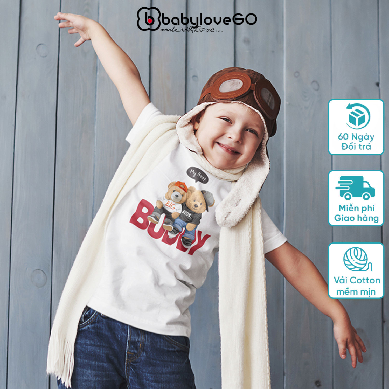 Áo thun ngắn tay cho bé BabyloveGO áo phông vải cotton in hình BUDDY