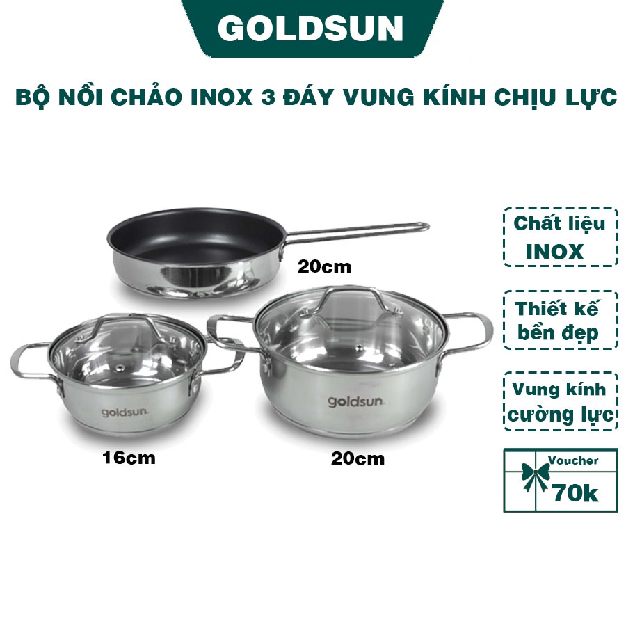 Bộ nồi chảo inox 3 đáy goldsun gps1790, nồi 16cm, nồi 20cm, chảo 20cm, chất liệu inox bền đẹp !