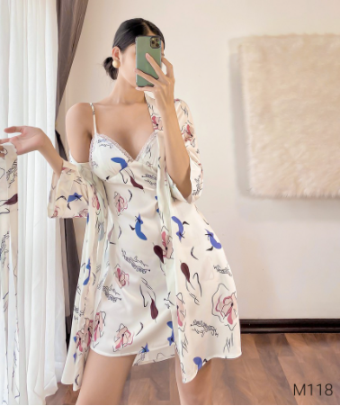 Sét áo choàng kèm váy ngủ hai dây nữ lụa pháp cao cấp phối viền ren sexy