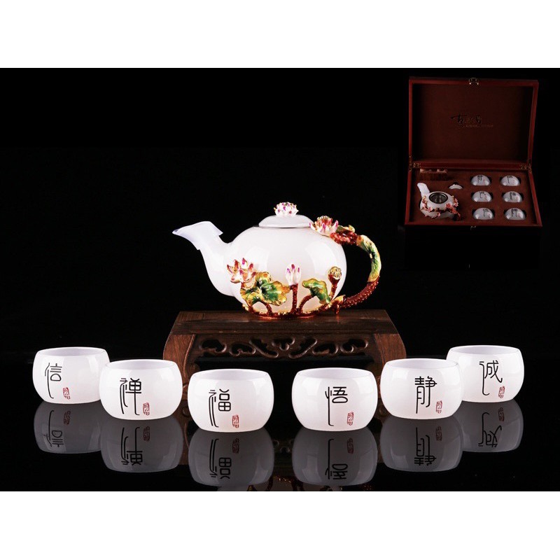 Bộ ấm trà bằng đá ngọc Onyx - gồm 1 Ấm + 6 tách + đế ấm bằng gỗ cực kì sang trọng