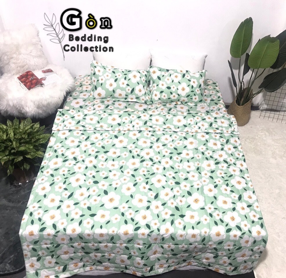 Bộ Chăn Ga Gối Cotton Poly , Cúc Nhí Xanh , Chất Liệu Thoáng Mát , Kích Cỡ Đa Dạng , By. Gòn