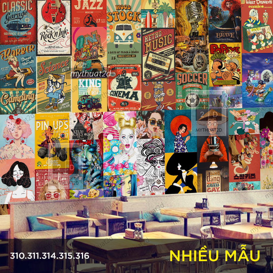 Decal mẫu Retro - Vintage trang trí tiệm quán, quầy bar, homestay