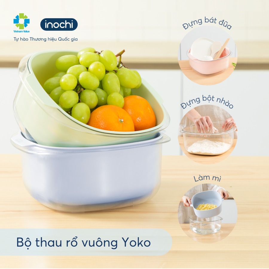 Bộ Thau Rổ Vuông Inochi Kitchen 23/27cm - Rửa Rau, Bảo Quản Thực Phẩm, Tiện Lợi, An Toàn, Kháng Khuẩn