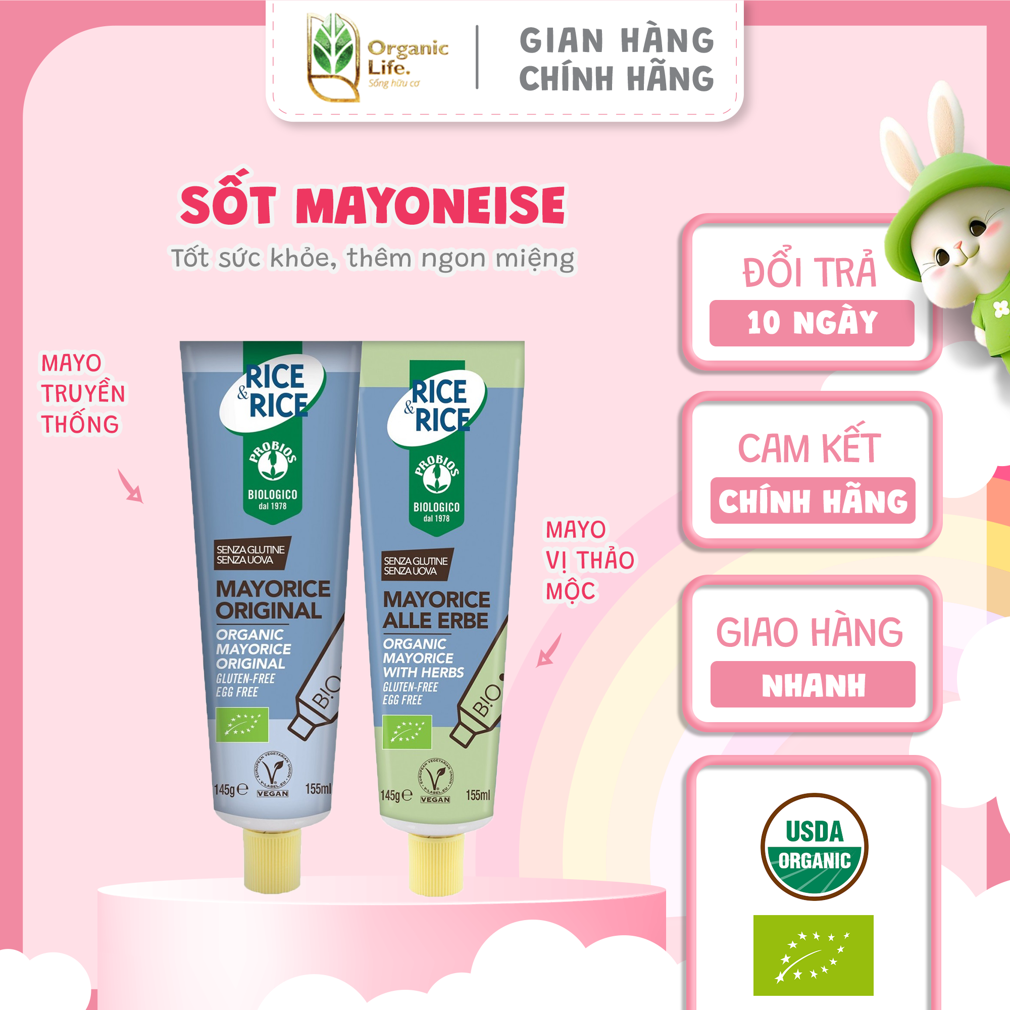 Sốt mayorice hữu cơ cho bé organic life probios không trứng 145g dạng tuýp dinh dưỡng, tiện lợi