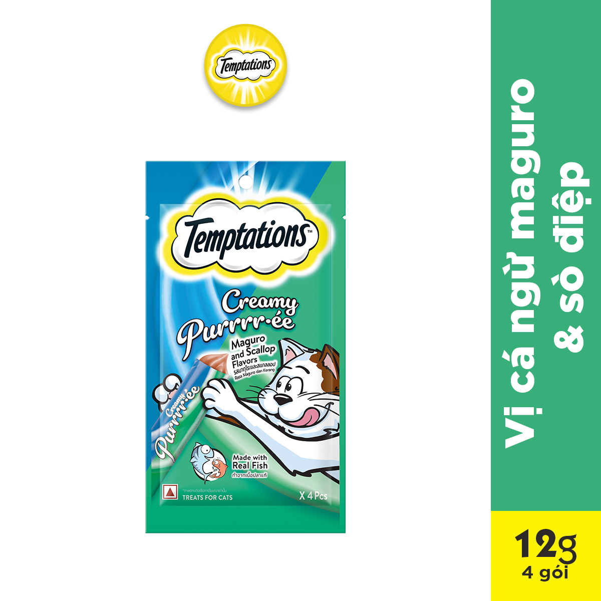 TEMPTATIONS Sốt thưởng - Creamy Purrrr-ée cho mèo lớn vị cá ngừ và sò điệp, 48g. Sốt thưởng làm từ thịt cá thật