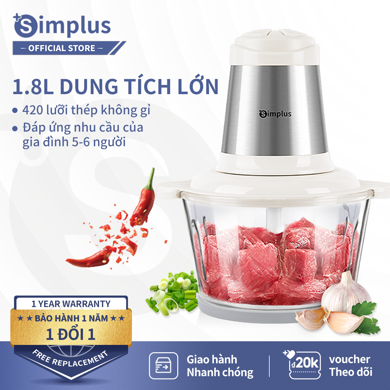 Máy xay thịt Simplus (2L), máy xay cối thủy tinh, lưỡi dao thép không gỉ, 2 cấp độ xay tùy chỉnh