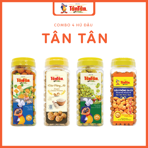 Combo 4 hũ Đậu phộng Tân Tân: Da cá 300g, Snack & Đậu thập cẩm 200g, ĐP Rau cải 190g, ĐP Mè 240g