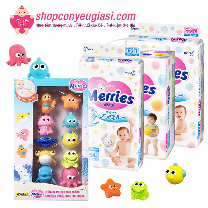 Combo 3 gói tã dán l54 merries nhập khẩu - tặng hộp đồ chơi tắm sinh vật biển 10 con