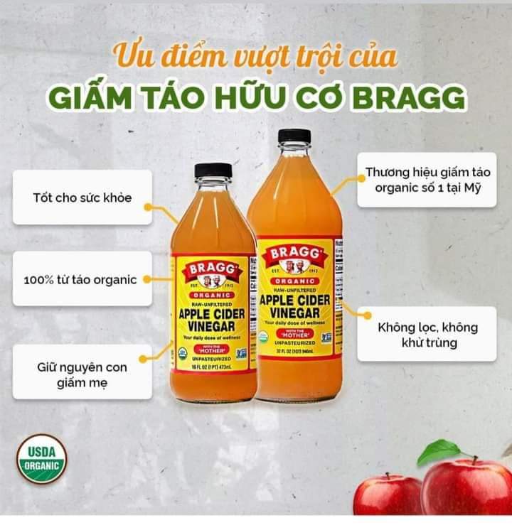 Giấm táo hữu cơ Bragg Organic Raw Apple Cider Vinegar có con giấm 946ml