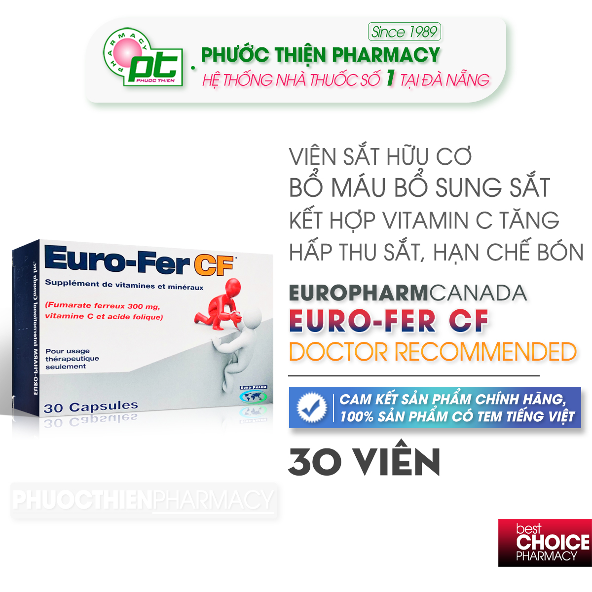 Viên uống bổ máu bổ sung sắt hữu cơ euro fer cf hộp 30 viên - eurofer viên sắt không gây táo bón