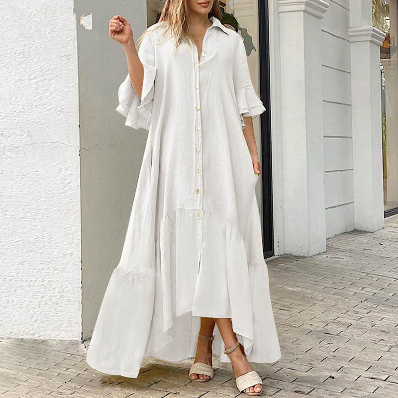 2022 váy liền thân dáng dài bohemian nghệ thuật màu trơn cotton lanh rộng rãi âu mỹ mẫu mới mùa xuân thu