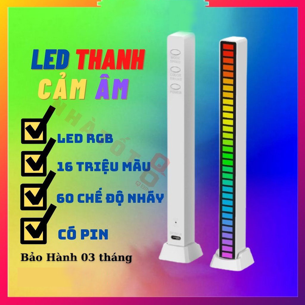 Thanh đèn led rgb 32 hạt led cảm ứng âm thanh sạc pin, đèn led đổi màu trang trí ô tô , phòng ngủ, bàn máy tính, thanh đèn led nháy theo nhạc đèn nhịp điệu cảm ứng giọng nói, đèn trang trí đổi màu thiết kế không cần cắm điện