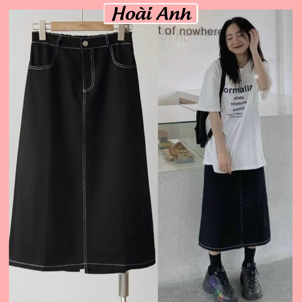 Chân váy midi giả jean chân váy cạp cao chỉ nổi chun sau freesize