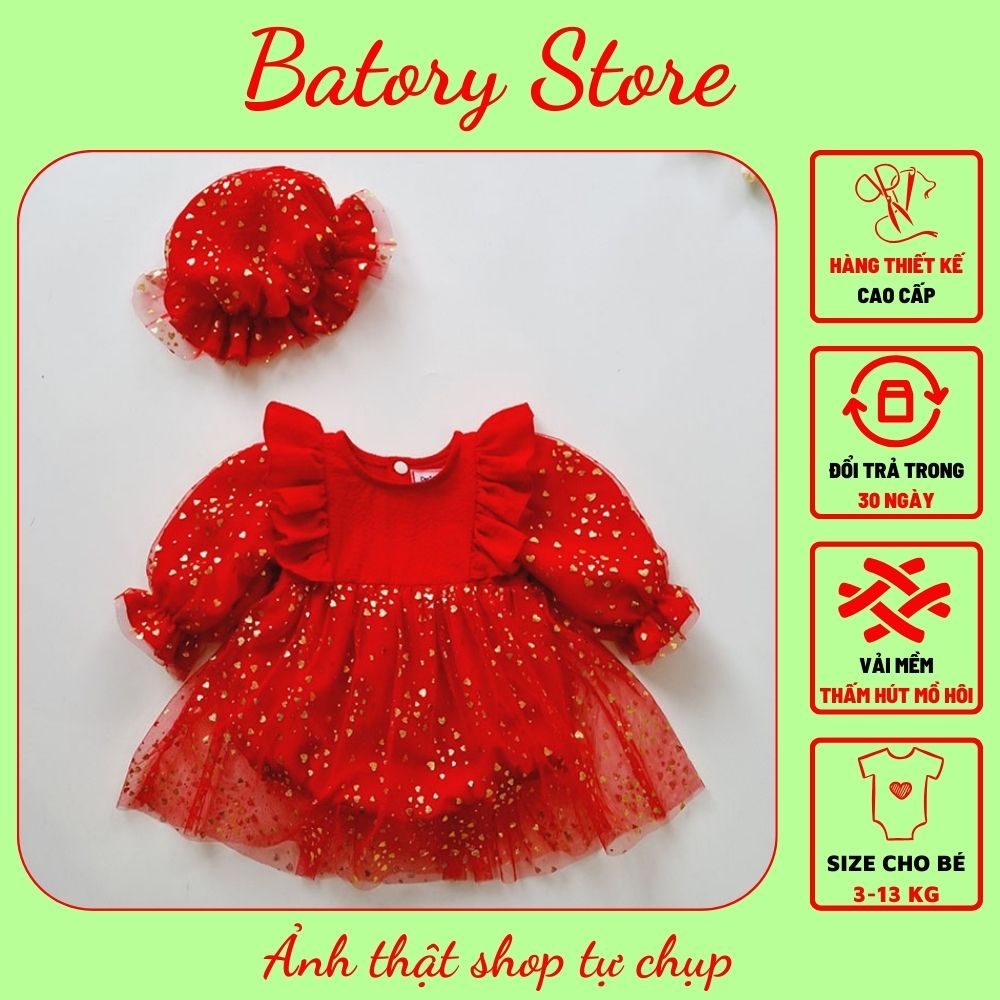 Đầm body cho bé gái, trẻ sơ sinh từ 4-12 kg màu đỏ phối voan lụa trái tim mềm mại Kiểu dáng công chúa TẶNG KÈM nón Quà tặng đầy tháng, thôi nôi, sinh nhật BATORY STORE Cửa hàng quần áo trẻ em