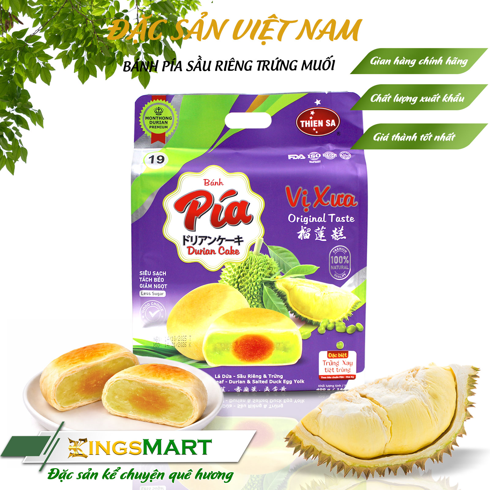 [Vị xưa] Bánh pía nhân trứng muối lá dứa sầu riêng - Thương Hiệu THIÊN SA - Túi 400g/ bánh - Kingsmart