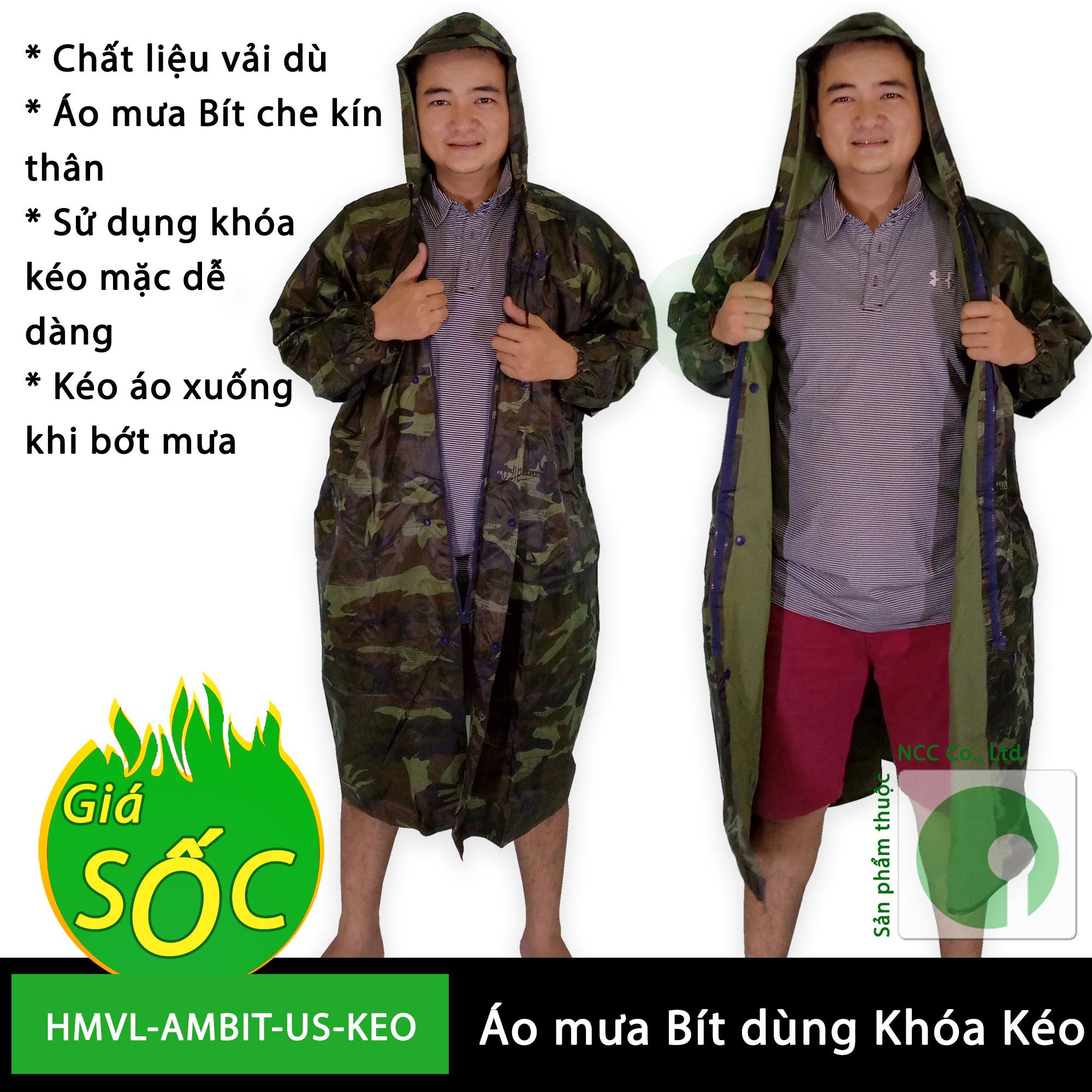 Áo mưa bít khóa kéo kín hông vải dù loại tốt rằn ri lính mỹ - hmvl-ambit-us-keo