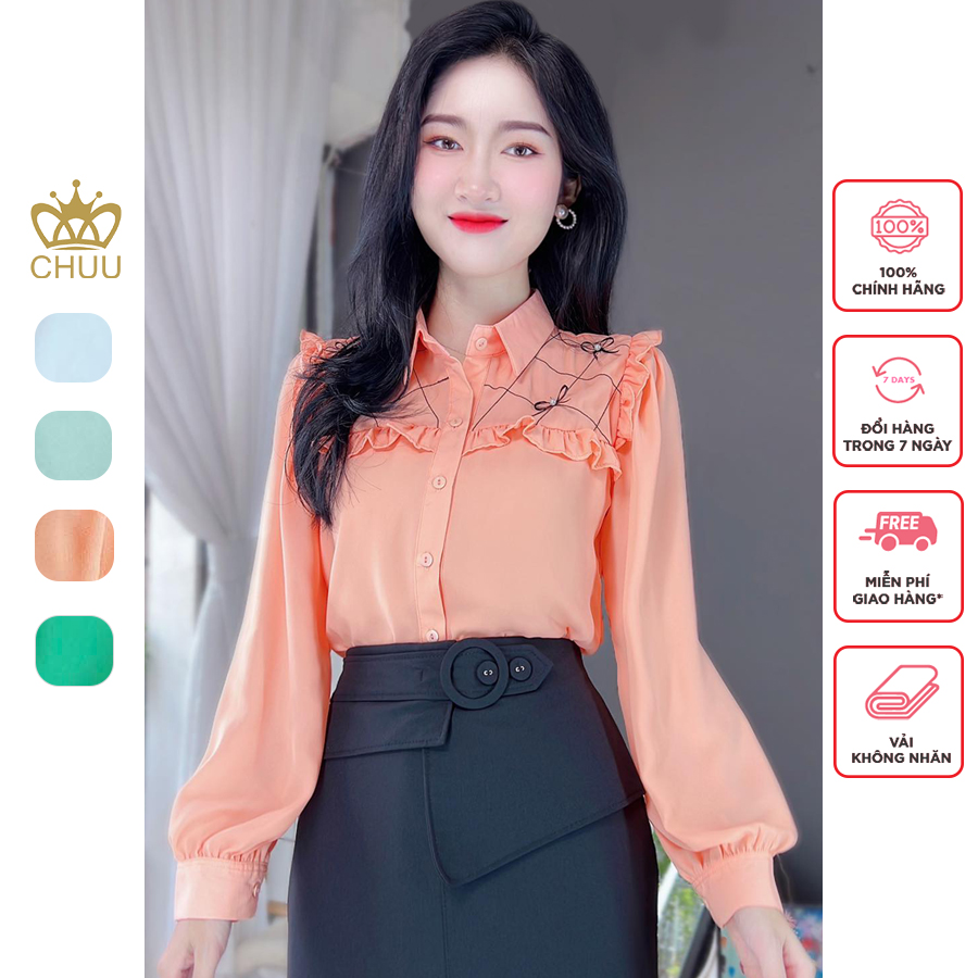 Áo sơ mi nữ viền chỉ đen đính nơ xinh xắn chuu a8090