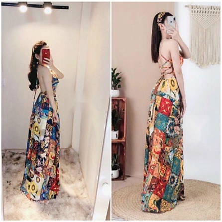 Váy đầm họa tiết thổ cẩm đi biển đan 2 dây