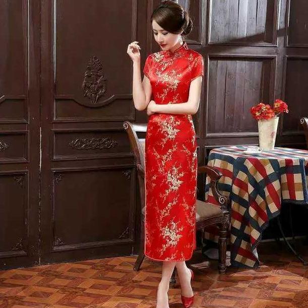 Sườn xám Dài Gấm ĐỎ tươi có hình thật