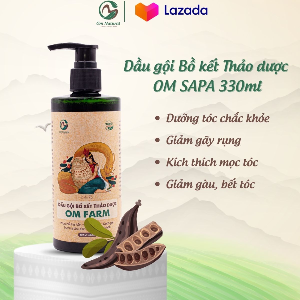 Dầu gội phục hồi Bồ kết thảo dược OM Sapa suôn mềm mượt tự nhiên 330ml