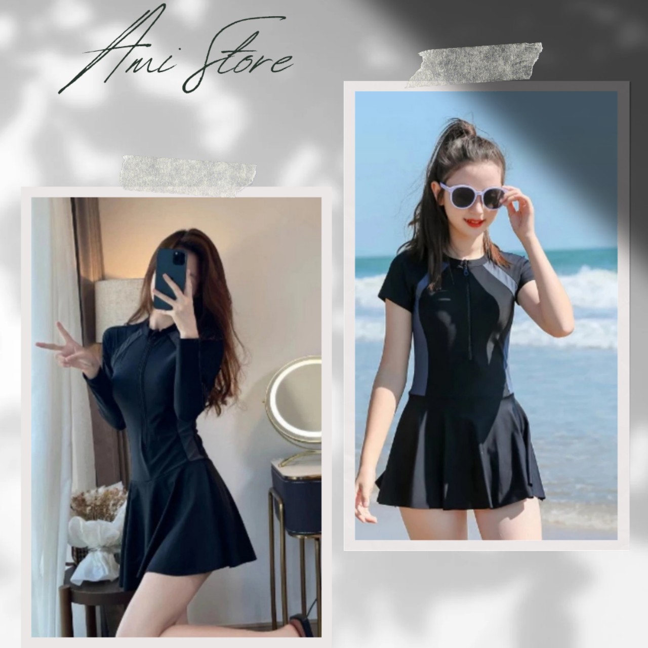 Bikini nữ,đồ bơi đi biển phối xám form váy liền thân kín đáo MS-005