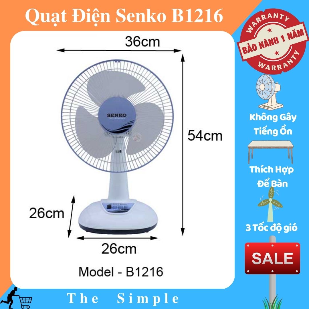Quạt Điện Senko B1216 - Quạt để bàn nhỏ mini công suất 40W , 3 tốc độ gió siêu mát không ồn để văn phòng , giường ngủ , quạt điện để bàn, quạt senko giá rẻ, quạt để bàn đa năng, quạt Senko chính hãng B1216
