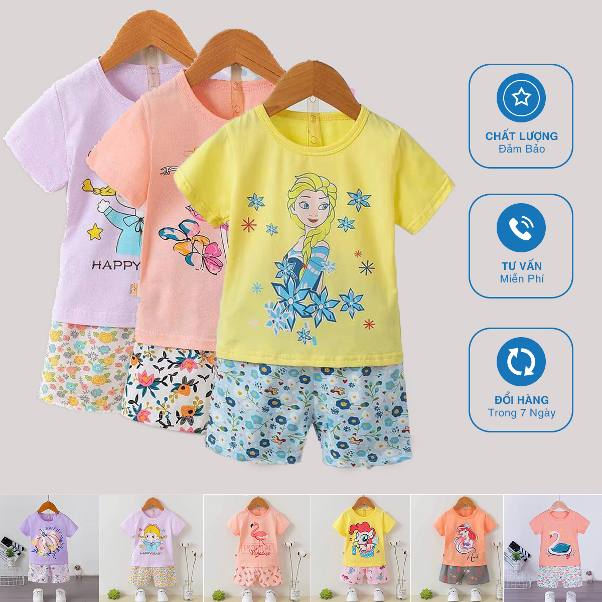 Đồ bộ bé gái - Bộ thun cotton xuất Hàn cộc tay cho bé gái size nhỡ