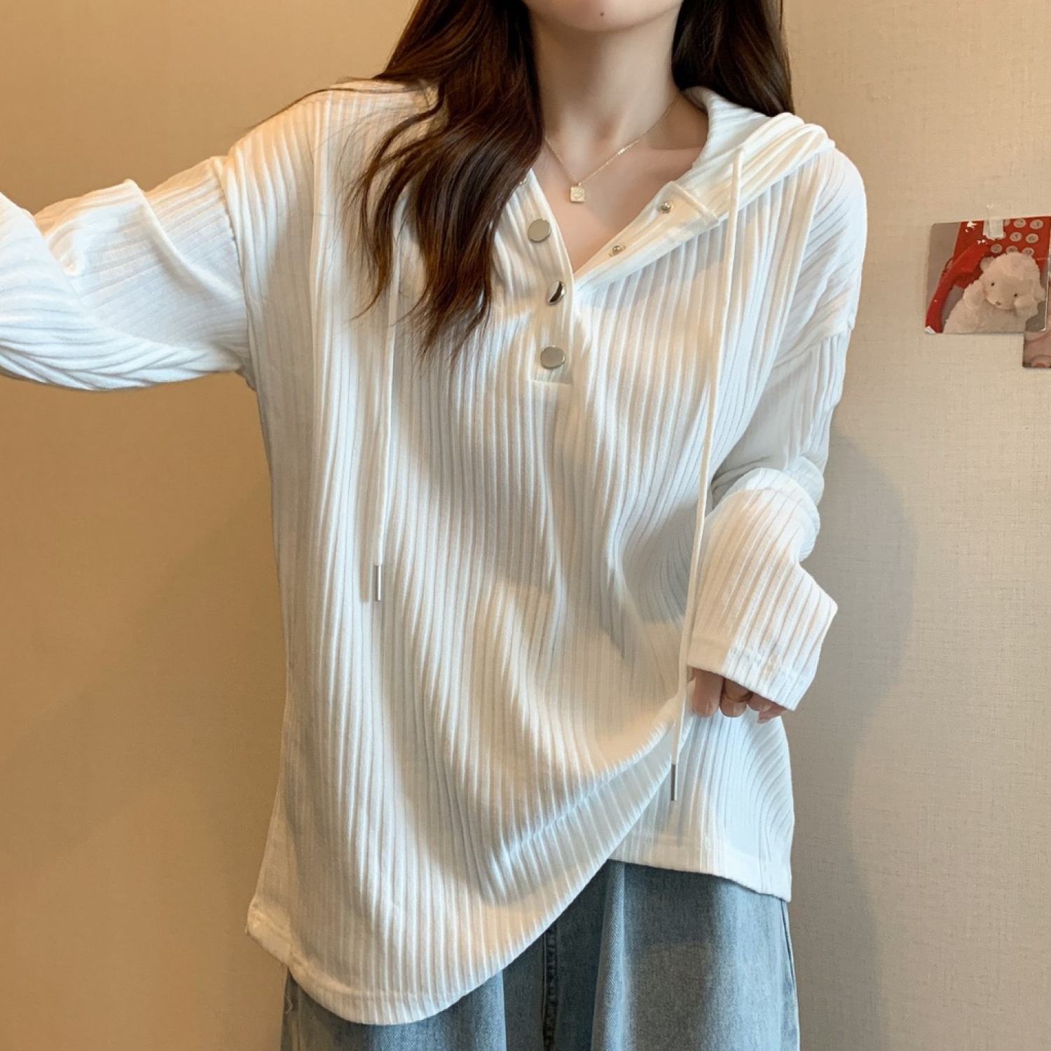Áo kiểu nữ có mũ chất nhung tăm A071 Áo khoác Hoodie thu đông trắng cúc bấm