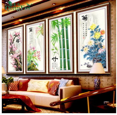 Tranh thêu chữ thập tứ quý mai lan trúc cúc kt 49x86 cm thêu kín chưa thêu