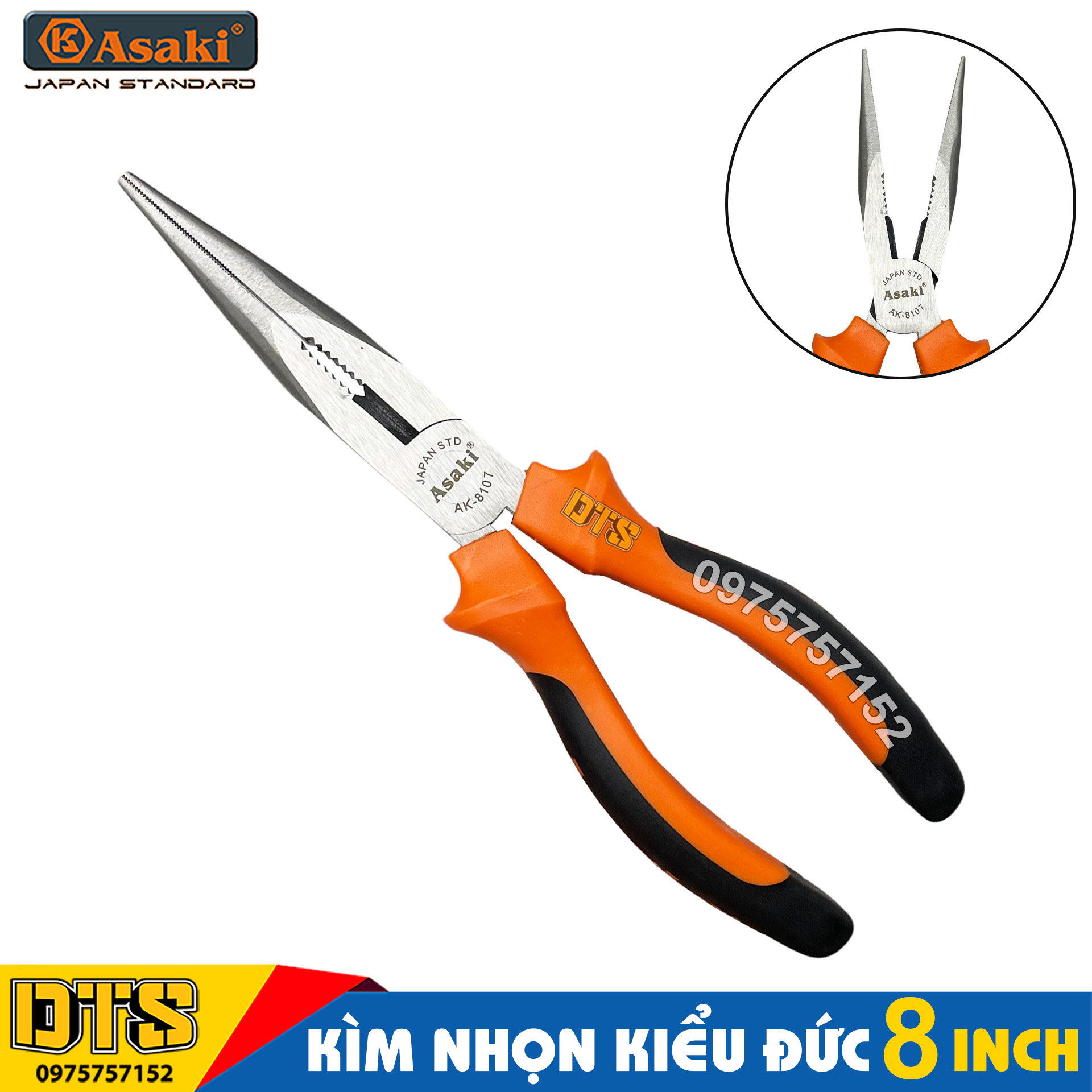 Kìm nhọn 8 inch kiểu Đức Asaki, kềm mỏ nhọn dài A+cut Tech thép CR-V siêu cứng chống gỉ sét, kìm mỏ nhọn răng tổ hợp kẹp giữ cắt dây, tay cầm bọc cao su chống trượt, kềm cắt, kìm đa năng, kềm cắt dây, kềm nhọn 200mm cấp cao