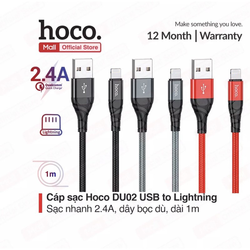 Cáp sạc nhanh TypeC/Linghtning/Micro Hoco DU02 dây dù, chống gẫy gập, dòng 2.4A