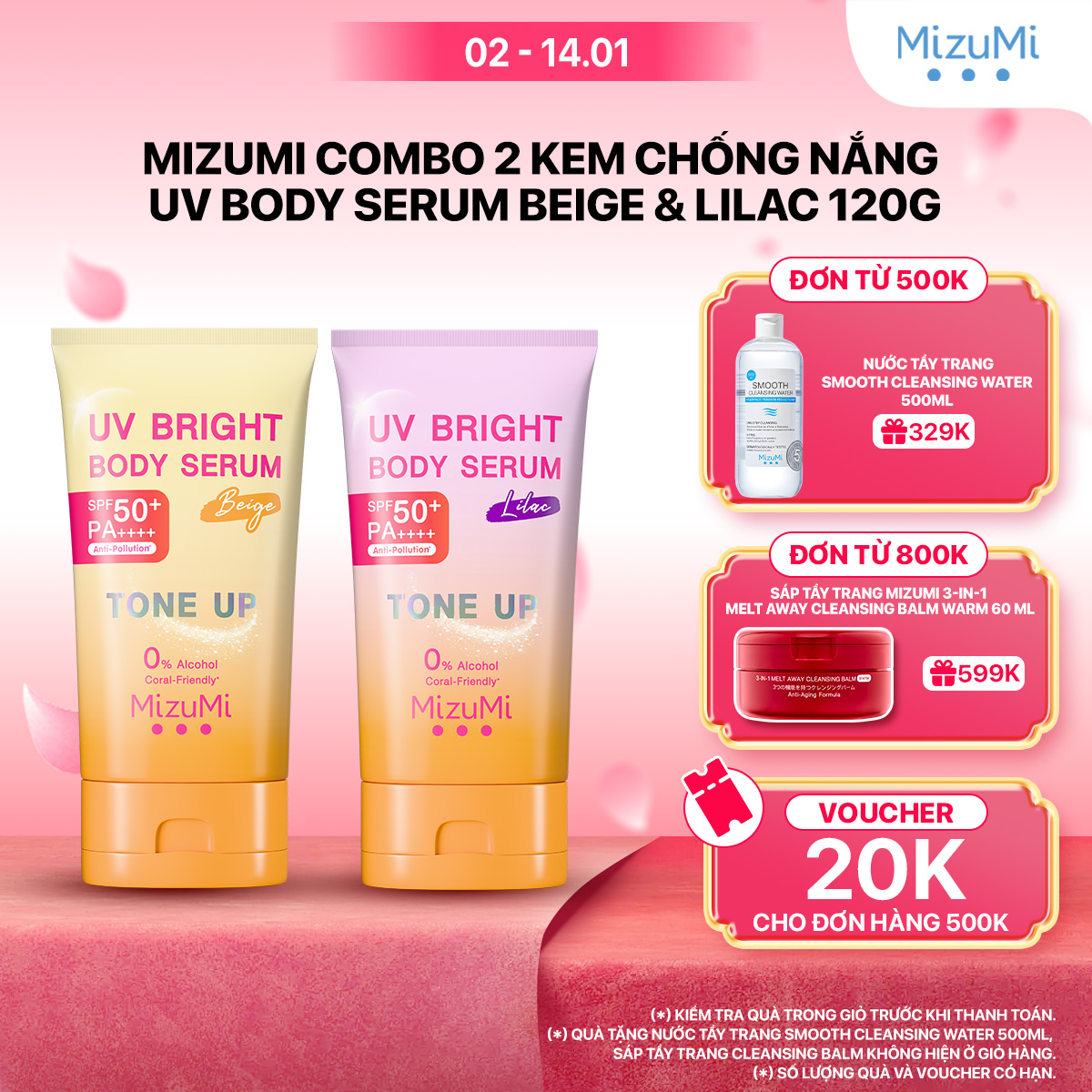 MizuMi Combo 2 Kem Chống Nắng UV Bright Body Serum Beige Lilac 120 g