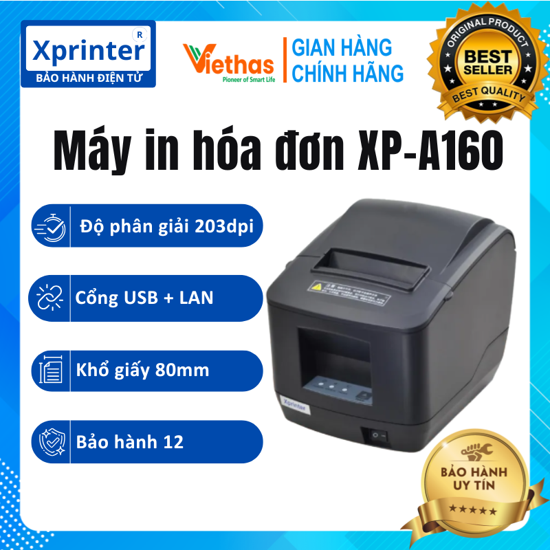 Máy in hóa đơn, in bill xprinter xp-a160h - khổ giấy k80, cổng kết nối usb/lan